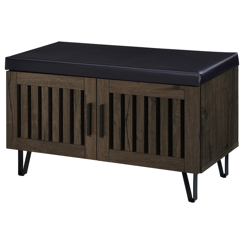 Pemberly Row 2-Door Padded Entryway Shoe Storage Bench in Smoked Oak