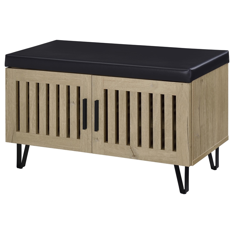 Pemberly Row 2-Door Padded Entryway Shoe Storage Bench in White Oak
