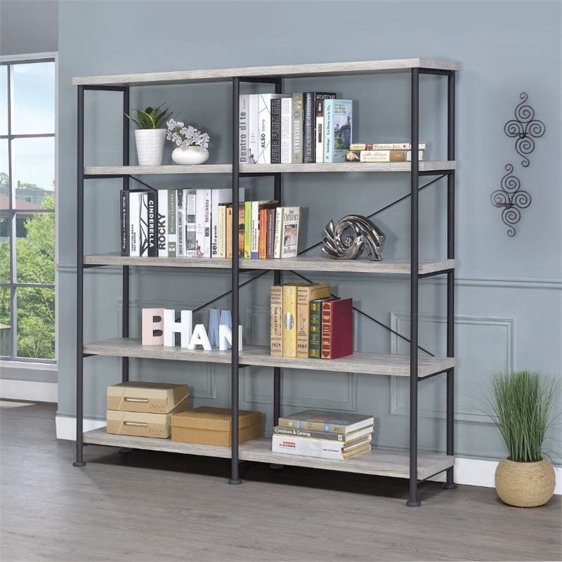 Pemberly Row 63-Inch 4-Shelf Double Bookshelf in Gray Driftwood