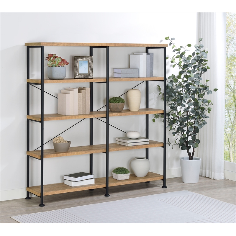 Pemberly Row Engineered Wood 63-Inch 4-Shelf Double Bookshelf in Brown