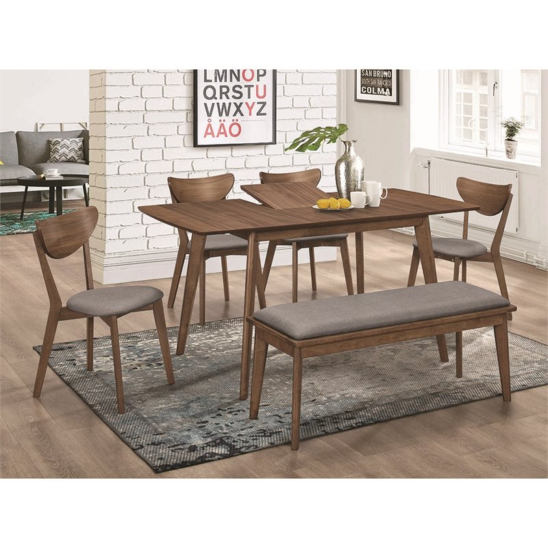 Pemberly Row Upholstered Dining Bench in Grey and Natural Walnut