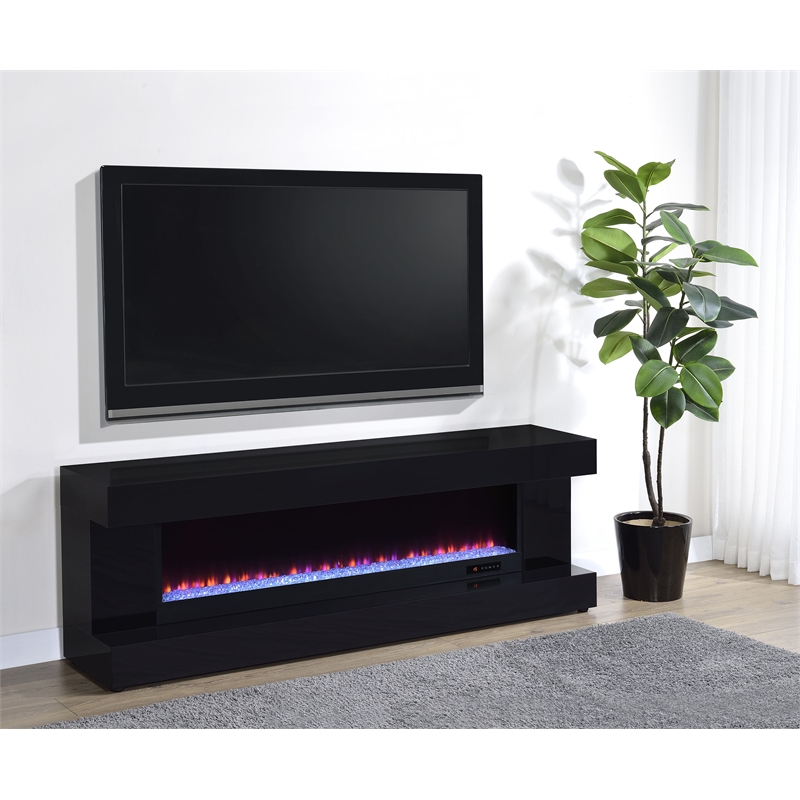 Pemberly Row TV Stand Fireplace with Bluetooth Speaker in Black High Gloss