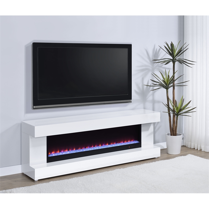 Pemberly Row TV Stand Fireplace with Bluetooth Speaker in White High Gloss