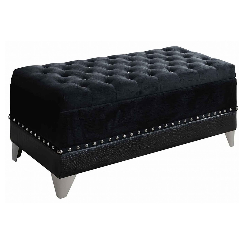 Pemberly Row Velvet Upholstered Tufted Storage Bench in Black