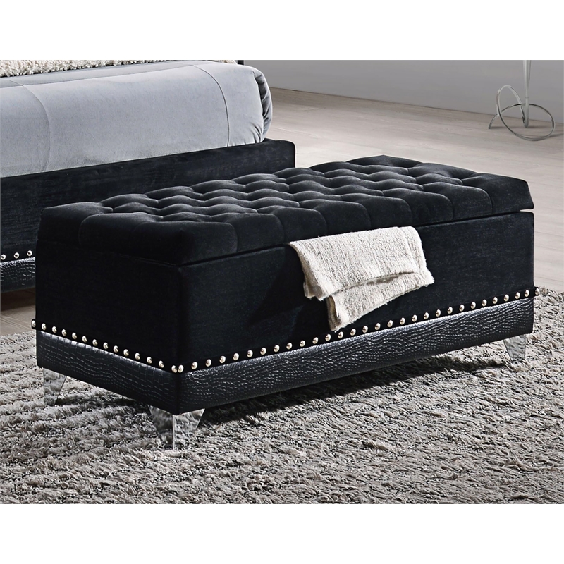 Pemberly Row Velvet Upholstered Tufted Storage Bench in Black