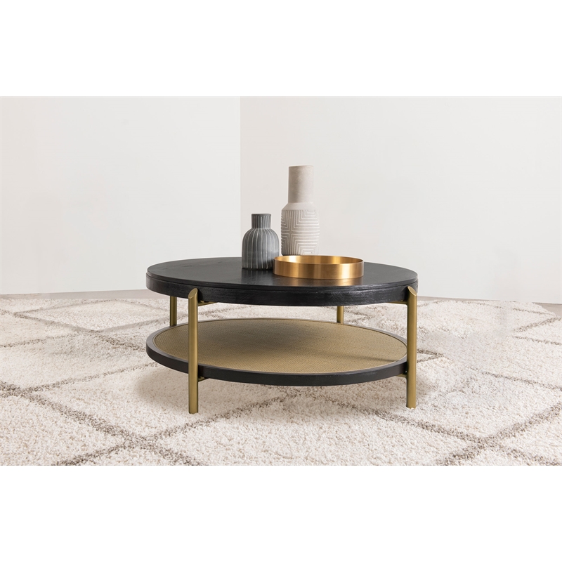 Pemberly Row Round Wood Coffee Table with Storage Shelf in Black