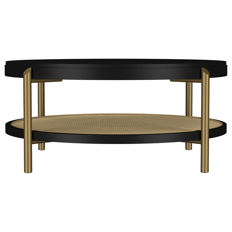 Pemberly Row Round Wood Coffee Table with Storage Shelf in Black