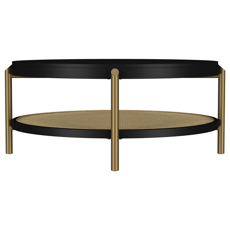 Pemberly Row Round Wood Coffee Table with Storage Shelf in Black