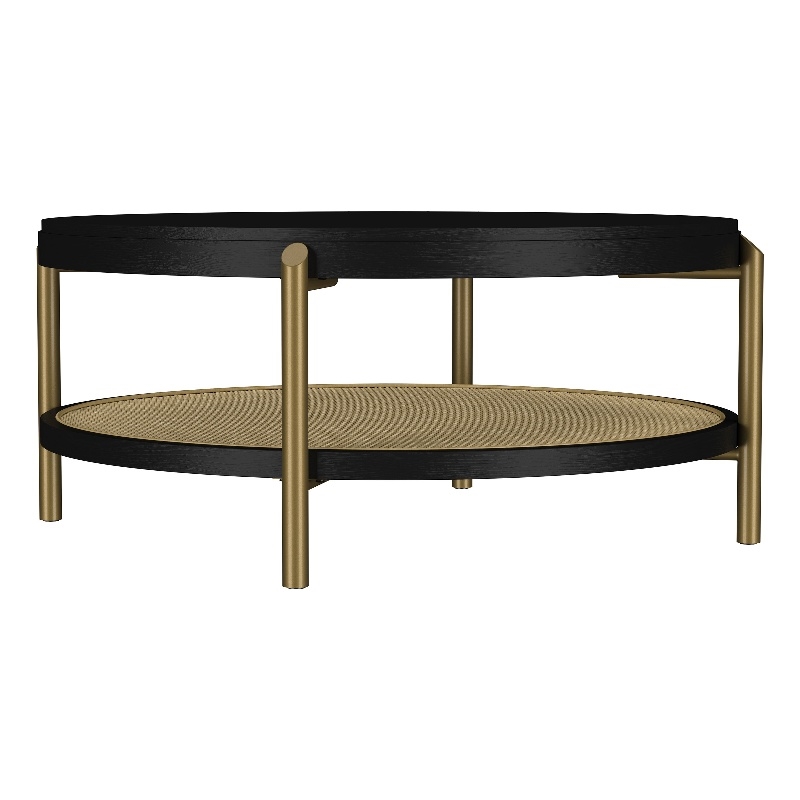Pemberly Row Round Wood Coffee Table with Storage Shelf in Black