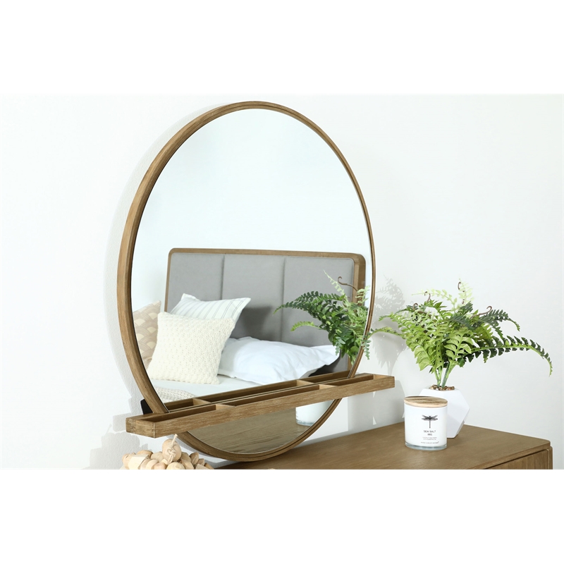 Pemberly Row Round Wood Dresser Mirror with Jewelry Tray in Sand Wash