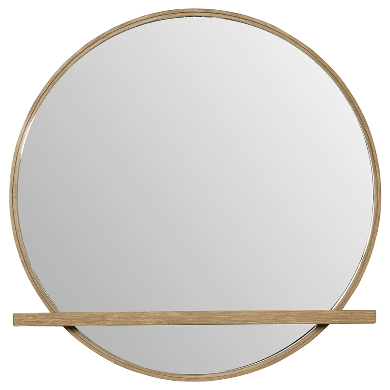 Pemberly Row Round Wood Dresser Mirror with Jewelry Tray in Sand Wash