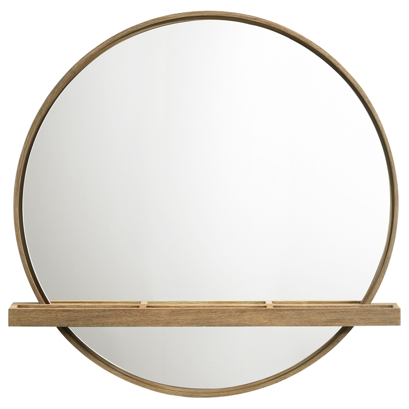 Pemberly Row Round Vanity Wall Mirror with Shelf in Sand Wash