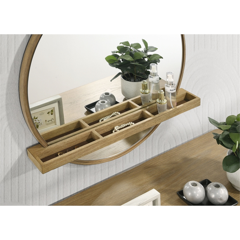 Pemberly Row Round Vanity Wall Mirror with Shelf in Sand Wash
