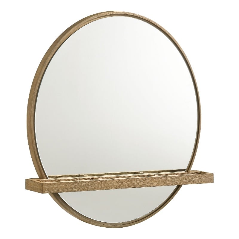 Pemberly Row Round Vanity Wall Mirror with Shelf in Sand Wash