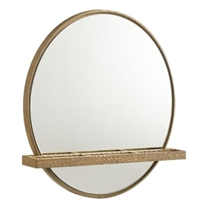 Pemberly Row Round Vanity Wall Mirror with Shelf in Sand Wash