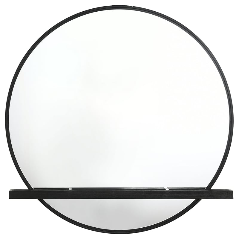 Pemberly Row Round Dresser Wall Mirror with Jewelry Tray in Black