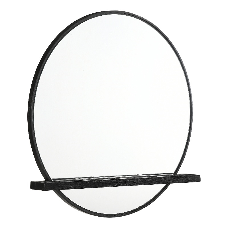 Pemberly Row Round Dresser Wall Mirror with Jewelry Tray in Black