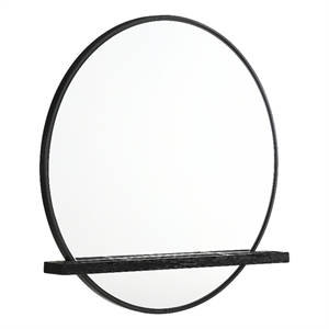 Pemberly Row Round Dresser Wall Mirror with Jewelry Tray in Black