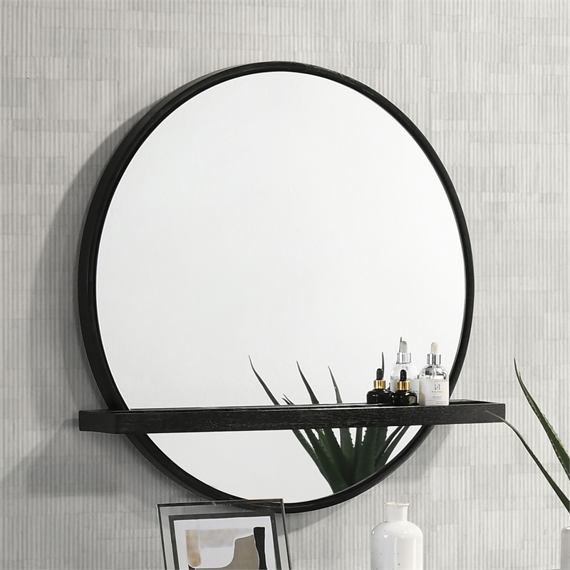 Pemberly Row Round Vanity Wall Mirror with Jewelry Tray Shelf in Black
