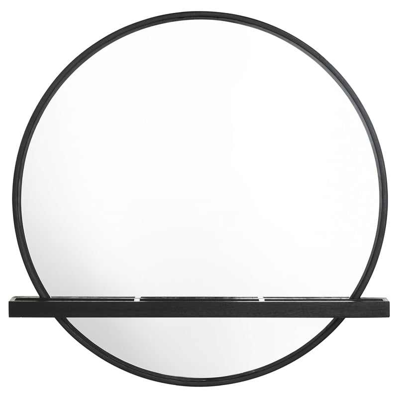 Pemberly Row Round Vanity Wall Mirror with Jewelry Tray Shelf in Black