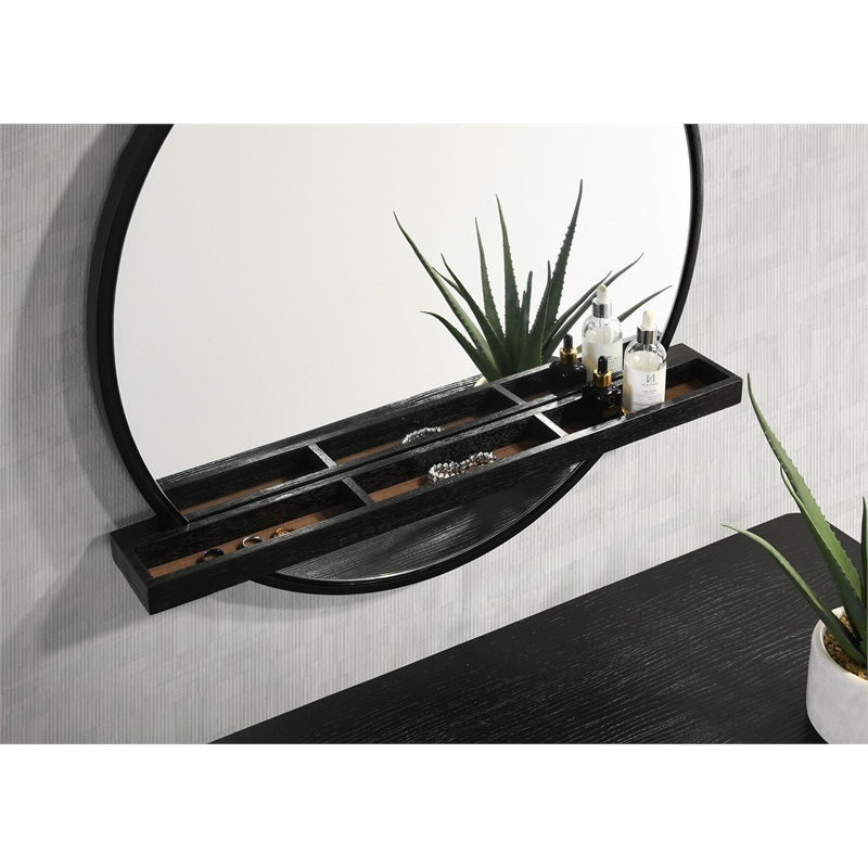 Pemberly Row Round Vanity Wall Mirror with Jewelry Tray Shelf in Black