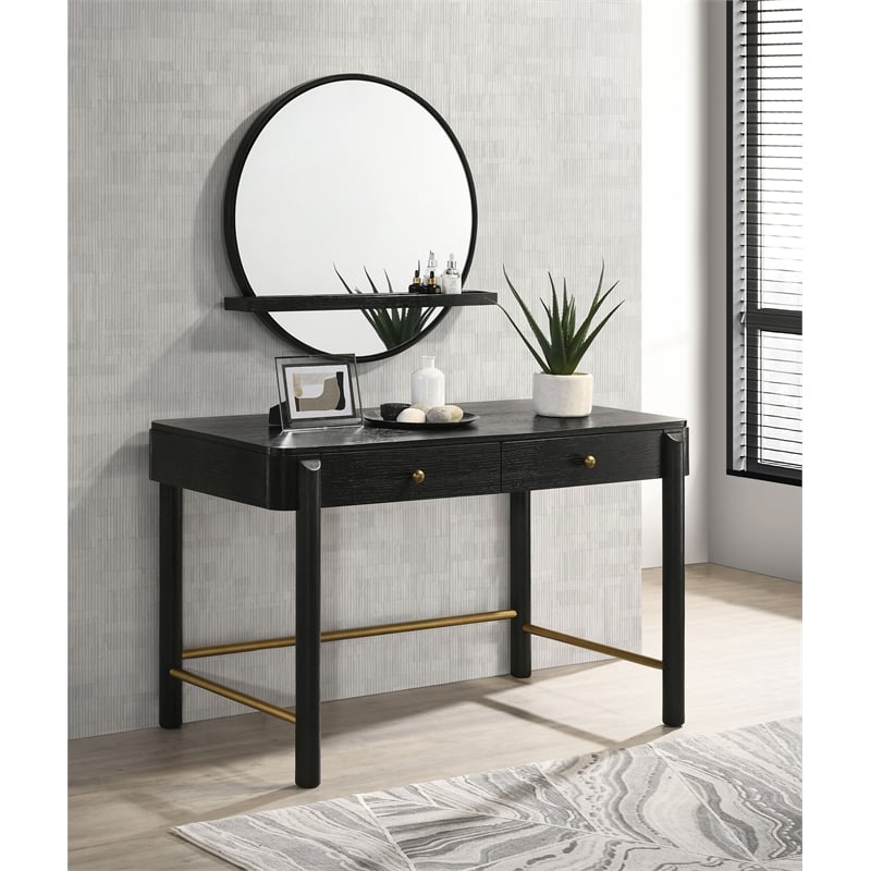 Pemberly Row Round Vanity Wall Mirror with Jewelry Tray Shelf in Black