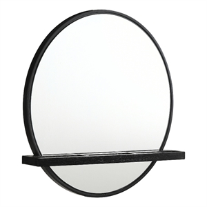 Pemberly Row Round Vanity Wall Mirror with Jewelry Tray Shelf in Black
