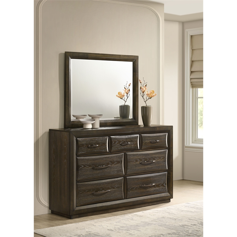 Pemberly Row 7-Drawer Transitional Dresser and Mirror Set in Dark Oak
