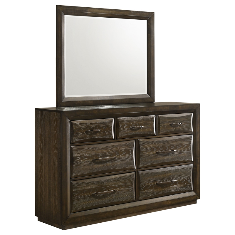 Pemberly Row 7-Drawer Transitional Dresser and Mirror Set in Dark Oak