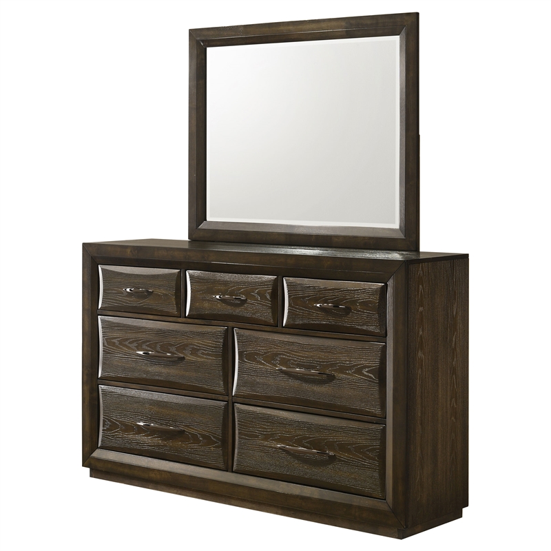 Pemberly Row 7-Drawer Transitional Dresser and Mirror Set in Dark Oak