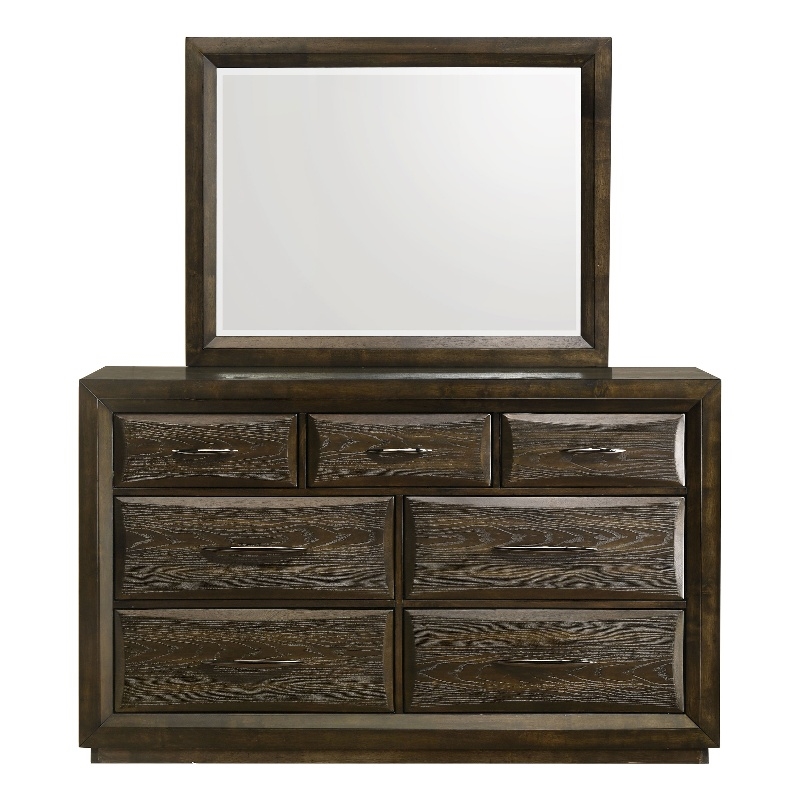 Pemberly Row 7-Drawer Transitional Dresser and Mirror Set in Dark Oak