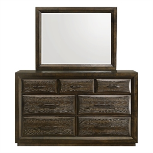 Pemberly Row 7-Drawer Transitional Dresser and Mirror Set in Dark Oak