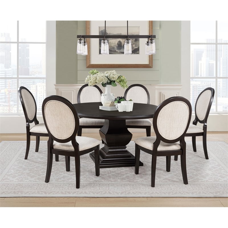 Pemberly Row 7-Piece Round Wood Dining Table Set in Dark Cocoa Brown