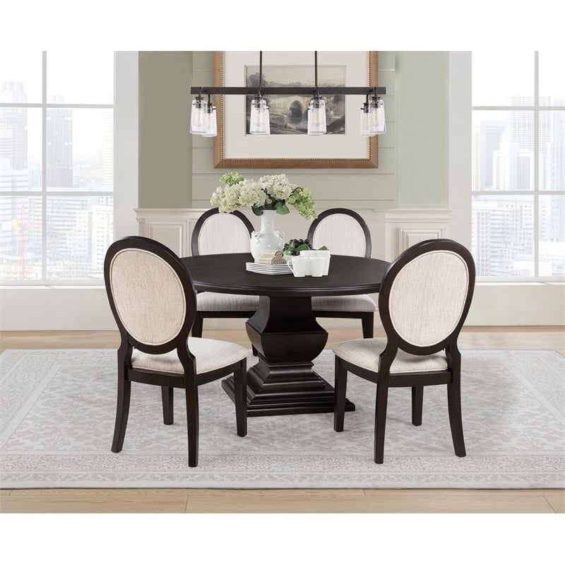 Pemberly Row 5-Piece Round Wood Dining Table Set in Dark Cocoa Brown/Cream
