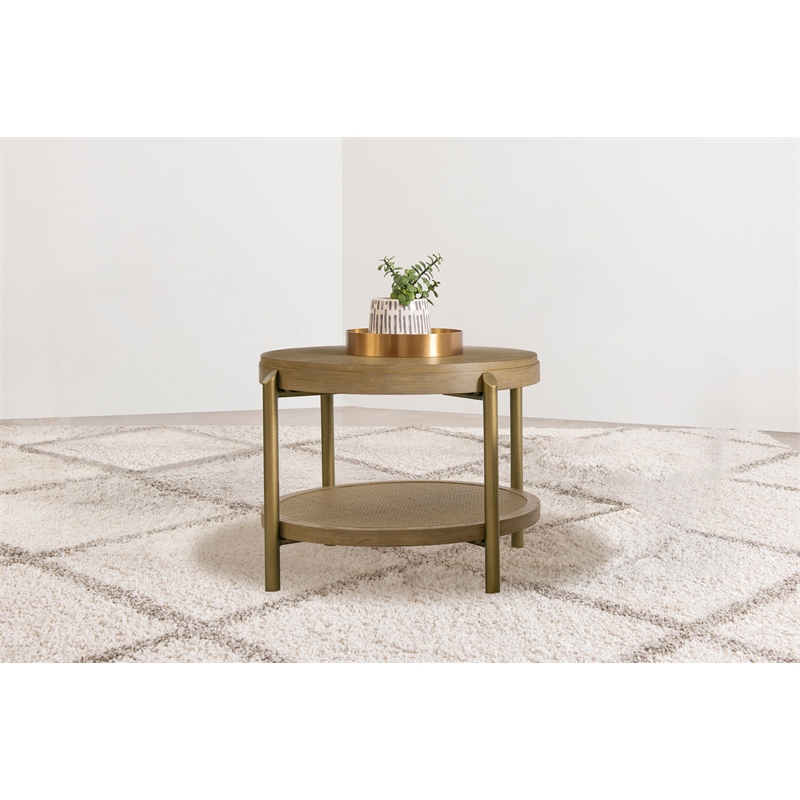 Pemberly Row Round Wood End Side Table with Storage Shelf in Sand Wash