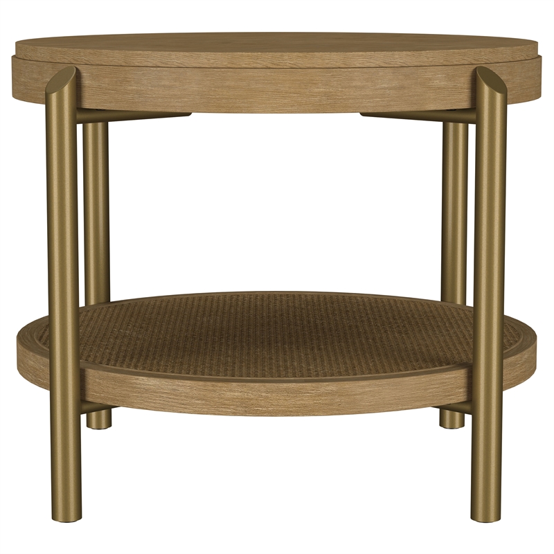 Pemberly Row Round Wood End Side Table with Storage Shelf in Sand Wash