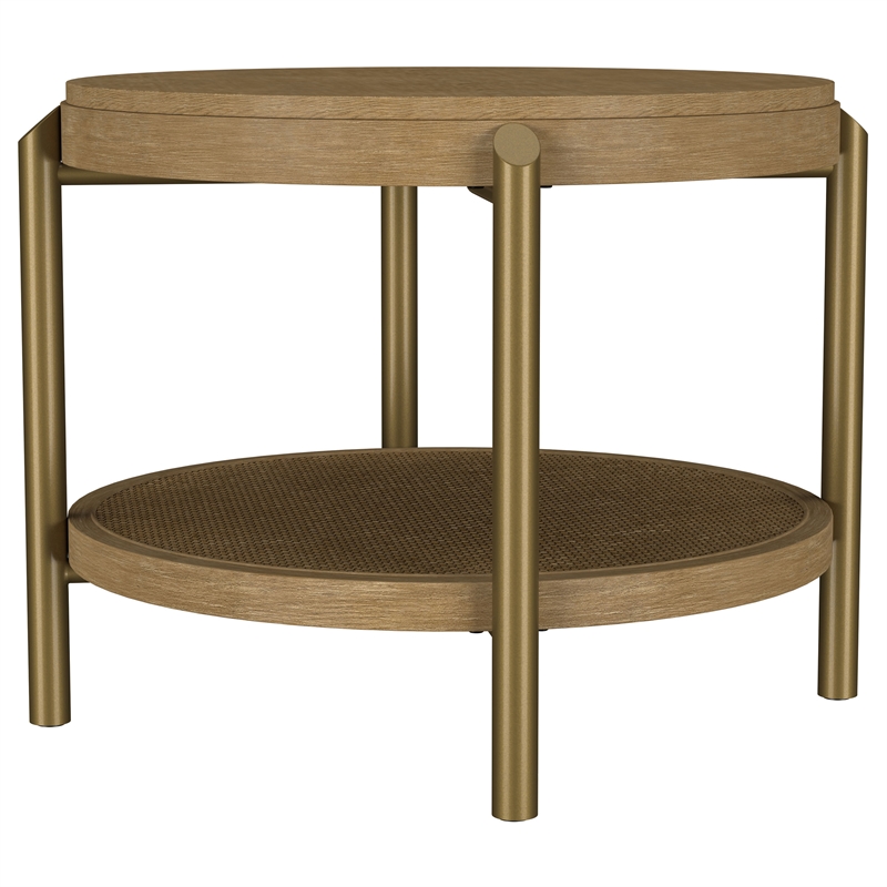 Pemberly Row Round Wood End Side Table with Storage Shelf in Sand Wash
