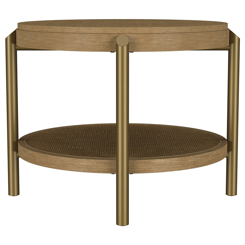 Pemberly Row Round Wood End Side Table with Storage Shelf in Sand Wash