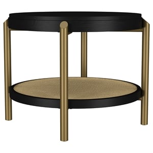 Pemberly Row Round Wood End Side Table with Storage Shelf in Black