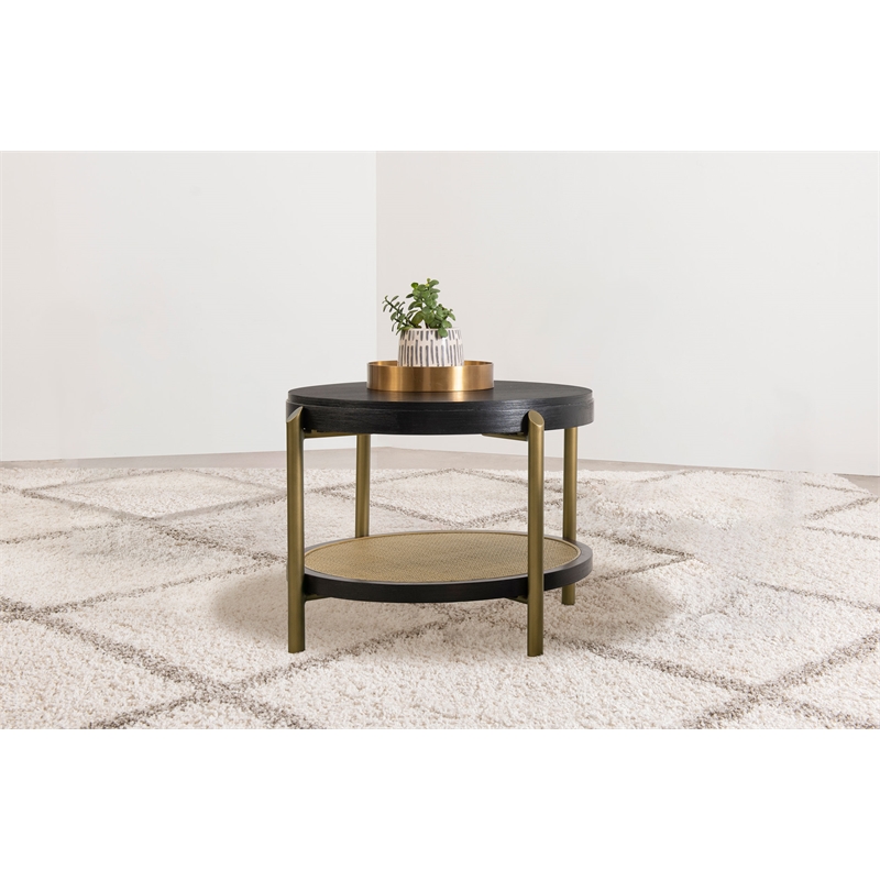 Pemberly Row Round Wood End Side Table with Storage Shelf in Black