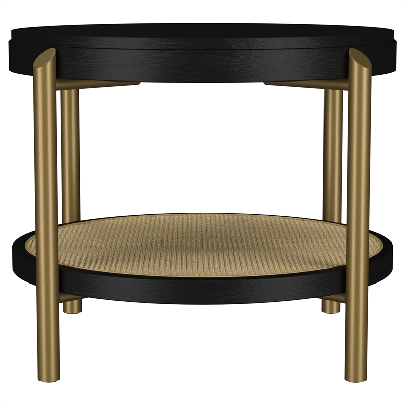Pemberly Row Round Wood End Side Table with Storage Shelf in Black
