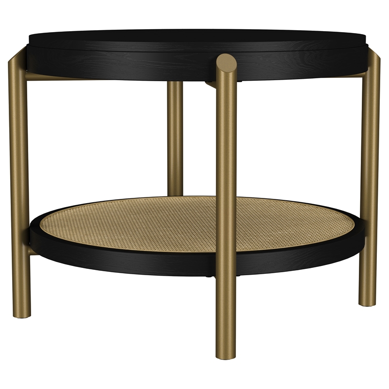 Pemberly Row Round Wood End Side Table with Storage Shelf in Black