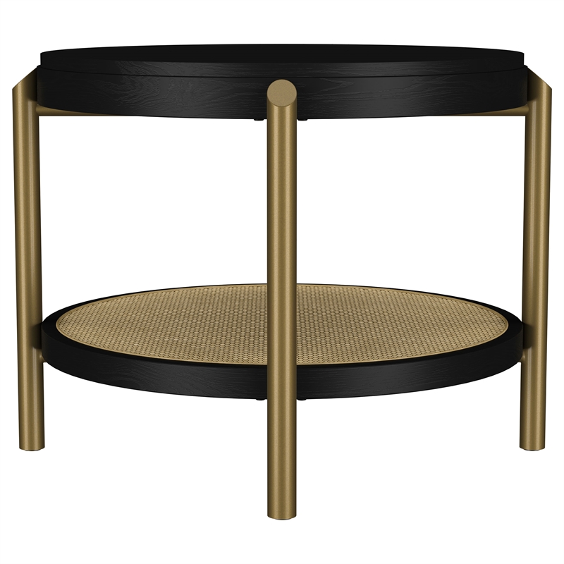 Pemberly Row Round Wood End Side Table with Storage Shelf in Black