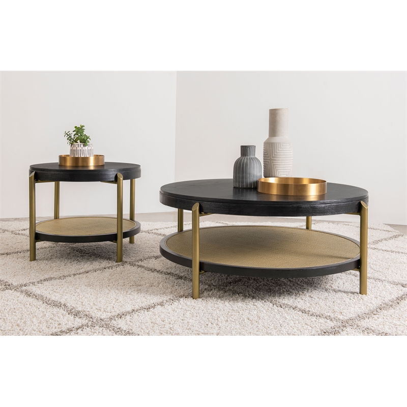 Pemberly Row 2-Piece Round Wood Coffee and End Table Set in Black