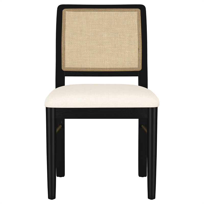 Pemberly Row Rattan Cane Upholstered Dining Side Chair Set of 2 in Black