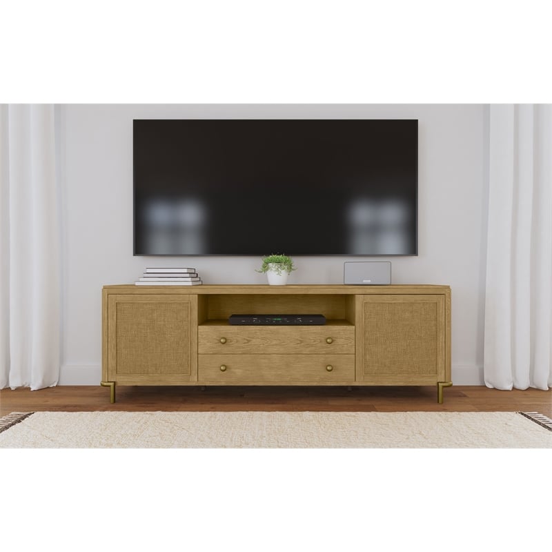 Pemberly Row Rattan Cane 2-Door TV Stand Media Console in Sand Wash