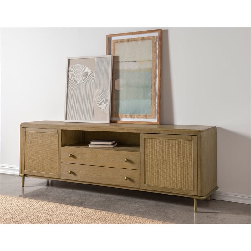 Pemberly Row Rattan Cane 2-Door TV Stand Media Console in Sand Wash