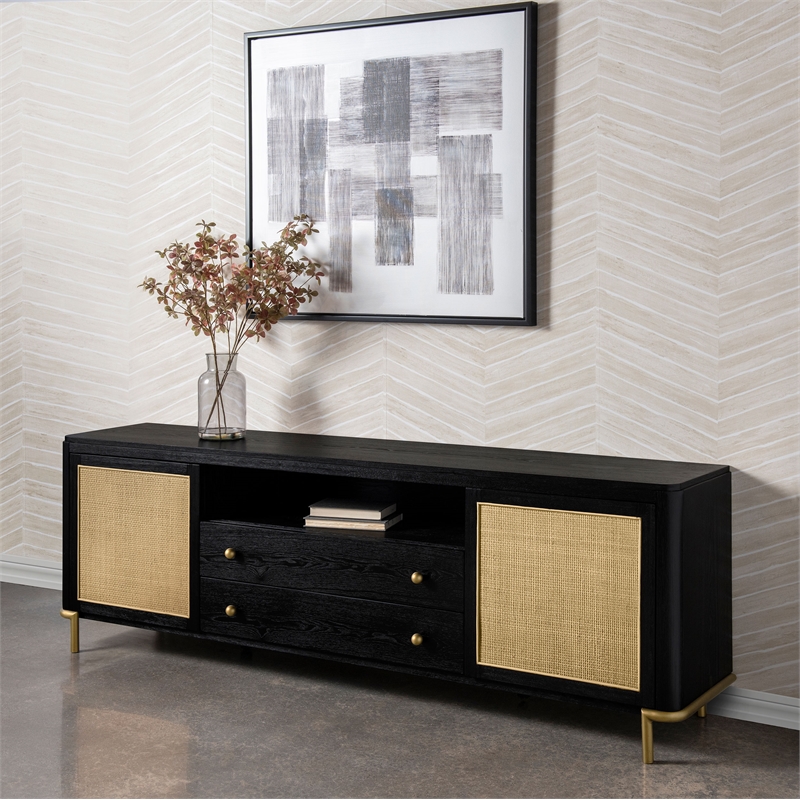 Pemberly Row Rattan Cane 2-Door TV Stand Media Console in Black