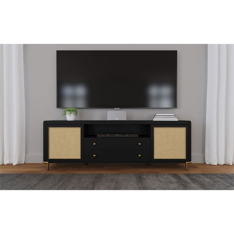 Pemberly Row Rattan Cane 2-Door TV Stand Media Console in Black