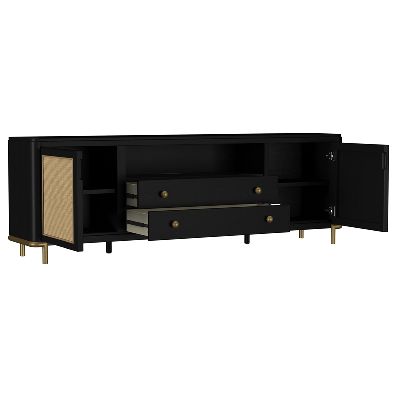 Pemberly Row Rattan Cane 2-Door TV Stand Media Console in Black